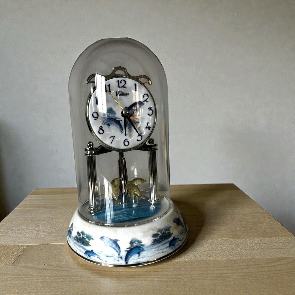 Waltham Dolphin Anniversary Clock Blue White Porcelain Glass Dome Quartz